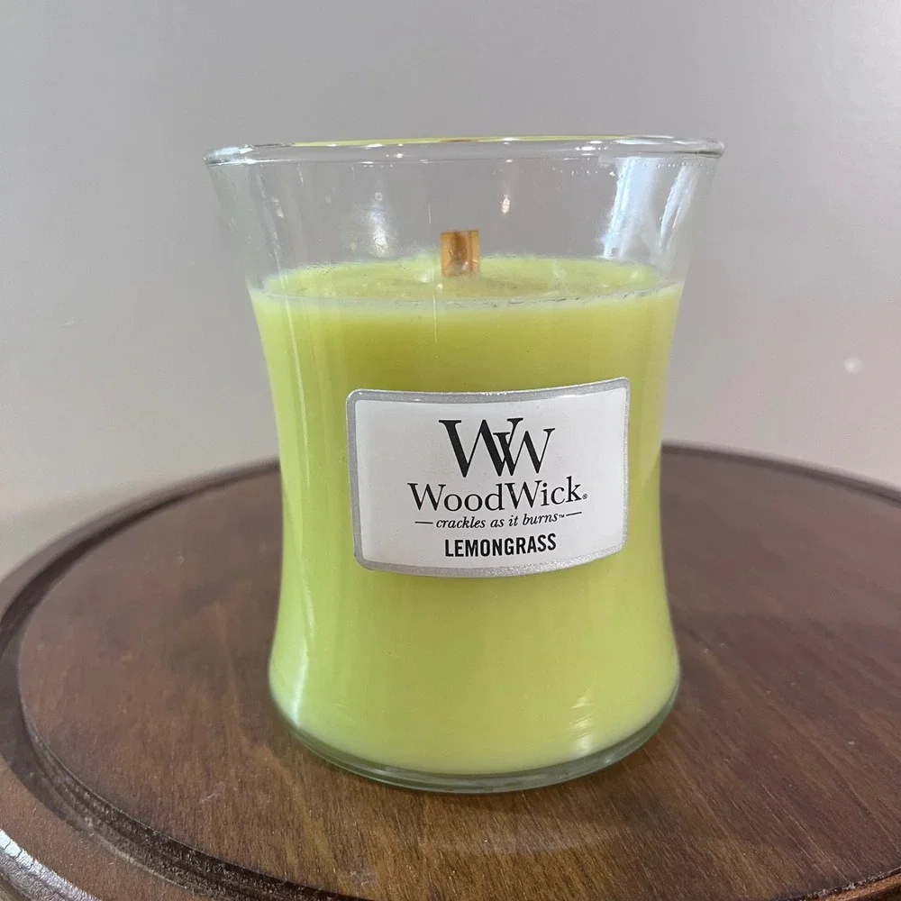 WoodWick Lemongrass Scented Hourglass Jar Candle 10oz Pluswick Crackle Wood Wick